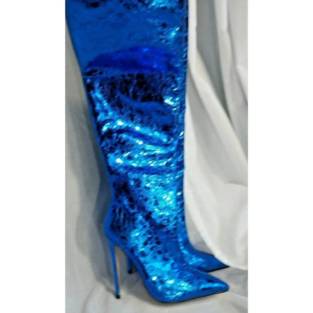 Metallic Blue Mirror Boots Over-the-knee High Heel Boots with Back Zipper 38 7.5